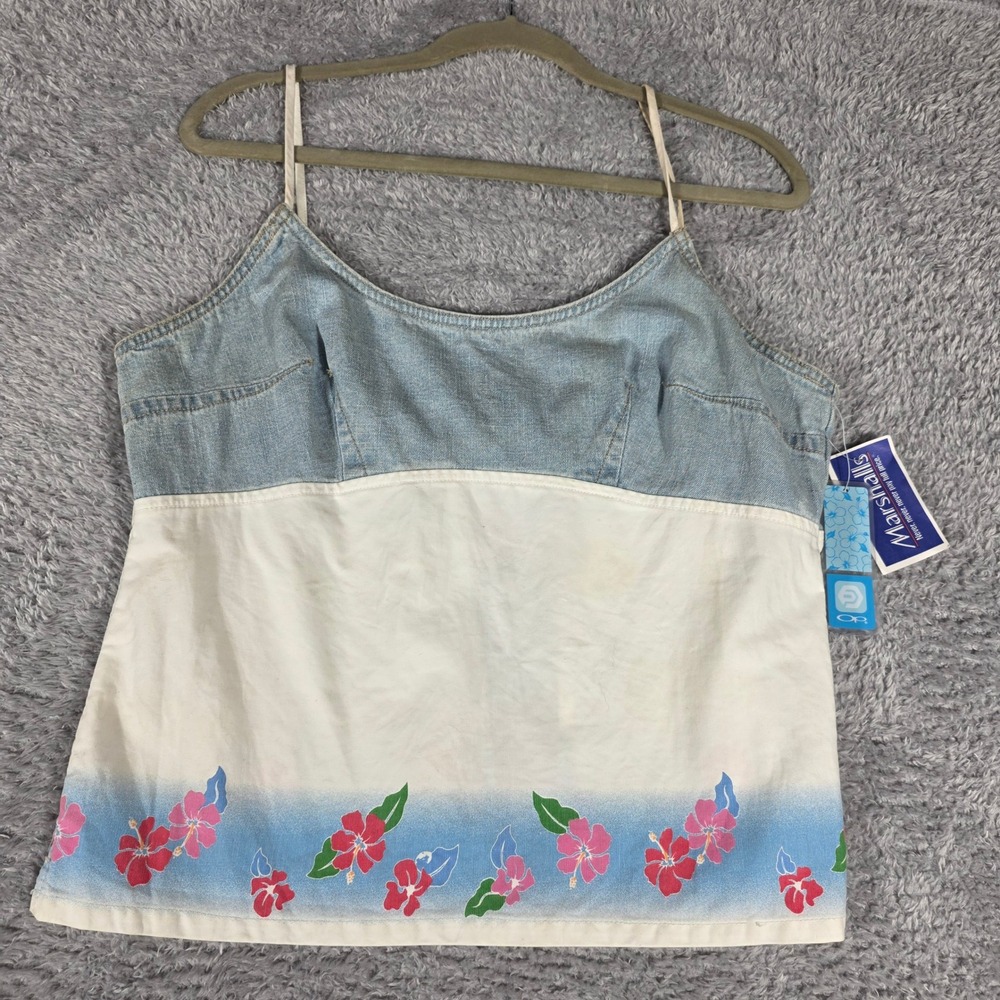 Ocean Pacific Laguna Top Women L Blue White NWT Vintage Y2K Hibiscus Denim Cami